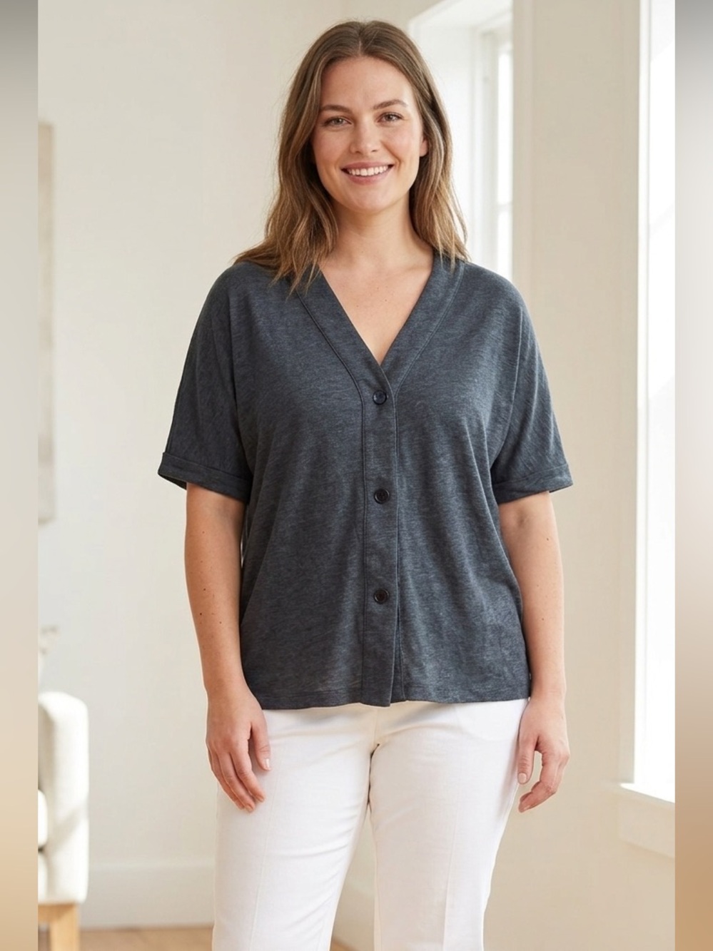 Contemporaine Simons Women’s Navy 100% Linen Short Sleeve Button Down Shirt L